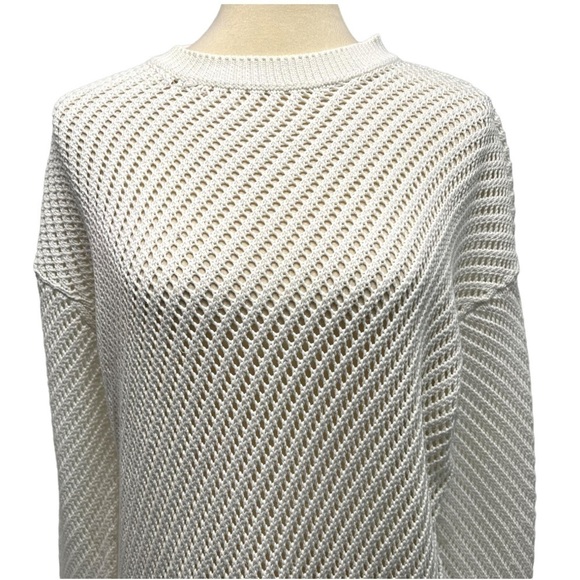 Vince Optic White Cotton Open Weave Crochet Knit Crew Neck Sweater Small - Picture 4 of 11